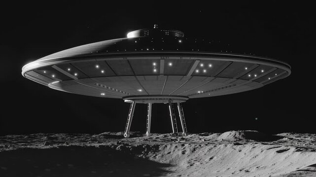 Flying saucer resting on a cratered lunar landscape under a black sky, creating a conceptual image of alien visitation, space exploration, and conspiracy theories