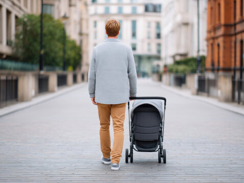 Father dad daddy father day stroller fatherhood Man walking with stroller empty city street father day moment dad and daddy feeling calm
