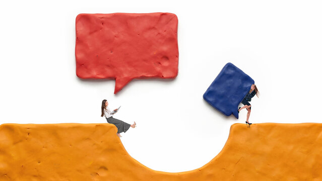 Women communicating across clay platform gap with speech bubbles. Concept of remote work, digital divide, online support, distance learning and message exchange.
