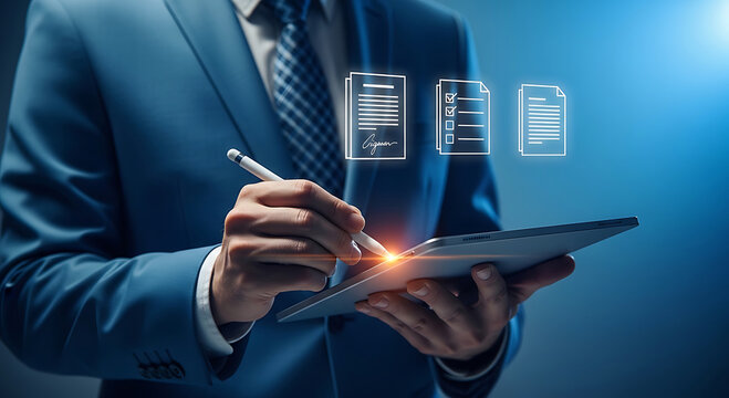 Businessperson signing documents digitally on a tablet with floating