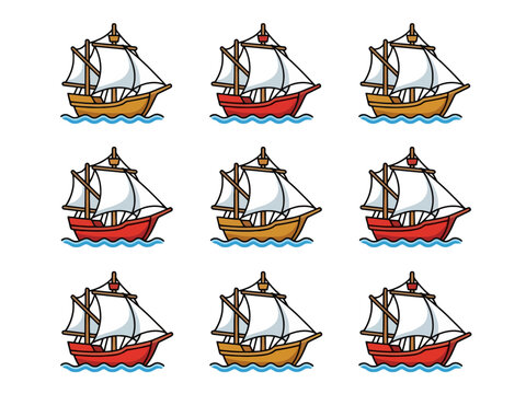 Sailing ship caravel vector icon set on white background
