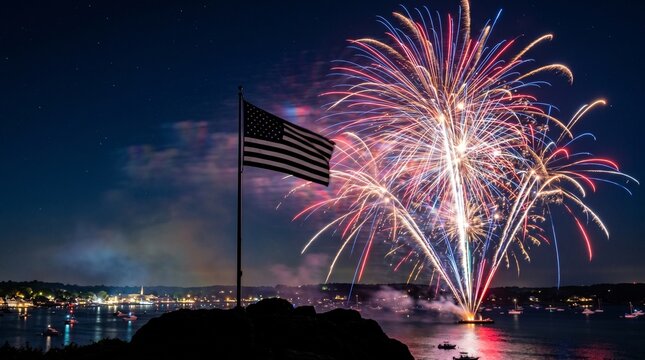 American flag silhouetted against vibrant fireworks over a harbor