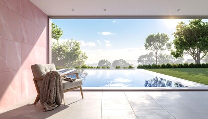 Fototapeta premium An inviting, cozy reading nook inside a luxurious modern pavilion hallway, perfectly positioned next to a sparkling outdoor swimming pool and a lush green lawn garden. The beautifully designed space 