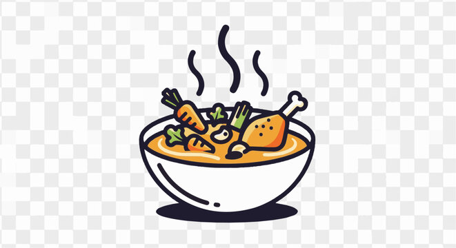 A charming doodle of steaming hot chicken soup with carrots and vegetables in a bowl