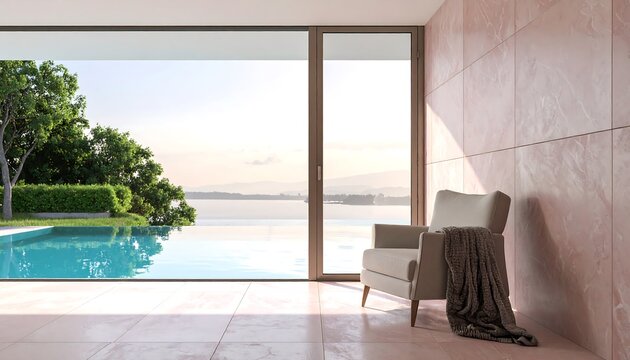 An inviting, cozy reading nook inside a luxurious modern pavilion hallway, perfectly positioned next to a sparkling outdoor swimming pool and a lush green lawn garden. The beautifully designed space 