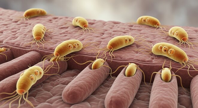 Giardia lamblia parasites infecting intestinal wall, protozoan infection