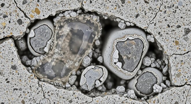 Extreme macro view of cracked concrete revealing aggregate and trapped water bubbles