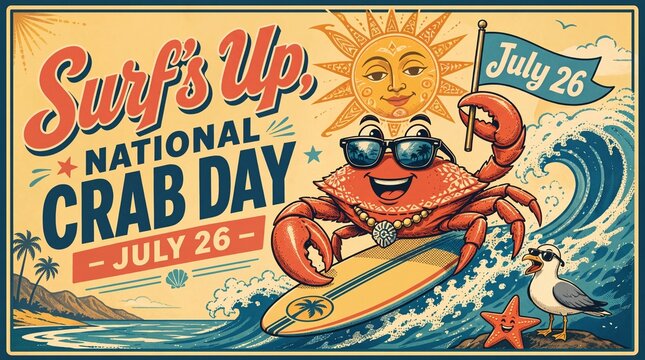 Retro Surfing Crab Poster for National Crab Day &ndash; July 26