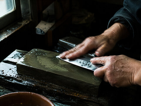 Japanese knife sharpener's hands working a traditional whetstone, water droplets on stone surface with blade reflection in aged workshop