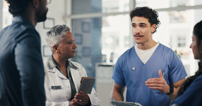 Medical, discussion or people in lobby with tablet, group insight or patient review for treatment plan. Healthcare, meeting or doctors in hospital with tech, collaboration or feedback in post surgery