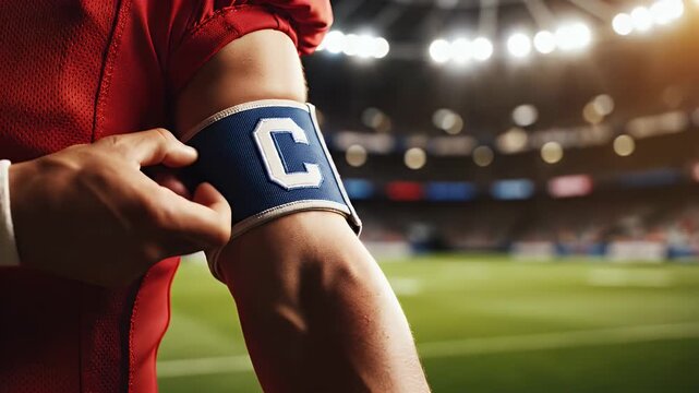 Close-up of a determined soccer captain adjusting their blue armband with a white 'C' before a big match in a brightly lit stadium, symbolizing leadership and readiness for the game
