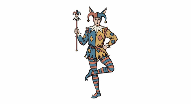 A colorful jester stands on one leg, holding a scepter with a jester's head