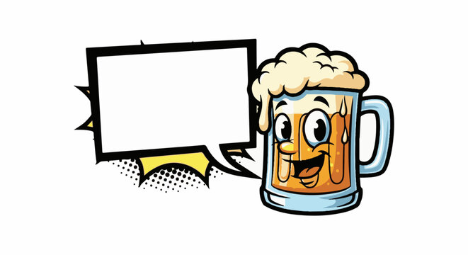 A cartoon mug of beer with a speech bubble, on a white background