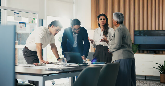 Meeting, finance and business people in office with documents for financial review, feedback and profit. Planning, teamwork and workers with graphs, discussion and research for analysis or growth