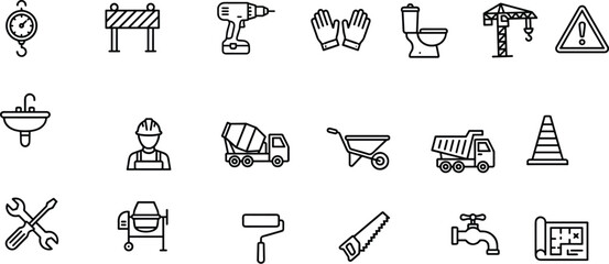 Construction and plumbing line icon set featuring tools, building equipment, worker, vehicles, and home renovation outline symbols © MdAbdur