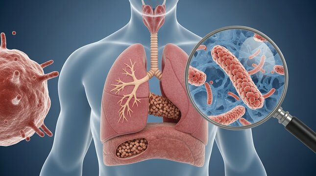 Legionella pneumophila infection in human lungs, 3D illustration