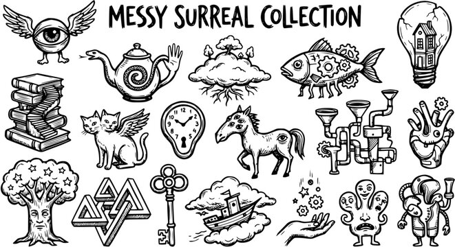 Messy Surreal Collection Black and White Line Art. Hand-Drawn Fantasy Elements, Abstract Objects, and Dreamlike Icons for Imagination Concepts.
