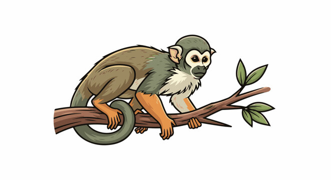 A cartoon squirrel monkey with grey, white, and orange fur is clinging to a brown tree branch with green leaves