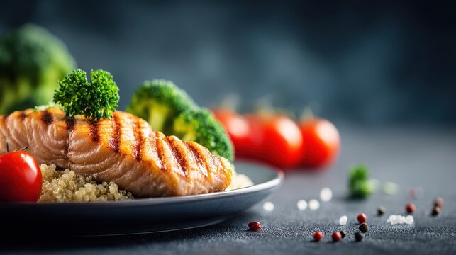 Baked or fried salmon and salad, Paleo, keto, fodmap, dash diet. Mediterranean food with steamed fish. Oven asian dish with teriyaki. Healthy concept, gluten free, lectine free, side view