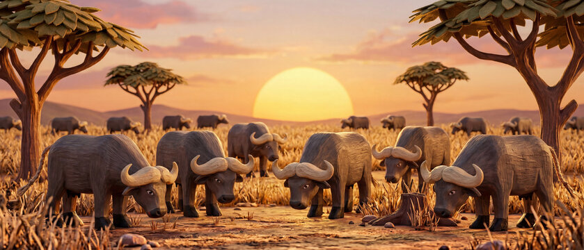 Herd of bufallos in the savanna. Illustration, wood carving figures