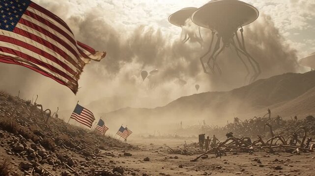 United states flag. Torn and tattered. Waving in a post apocalyptic desert landscape under a dusty sky. With massive alien tripods looming in the background. Symbolizing invasion. Resilience