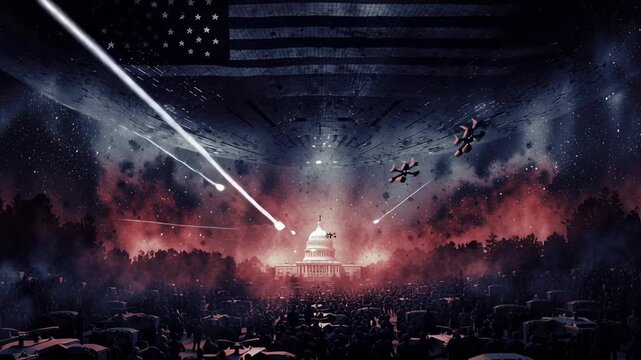 Flying saucer casting light on the capitol building while an american flag looms large, depicting an extraterrestrial invasion scenario, global threat, and destruction