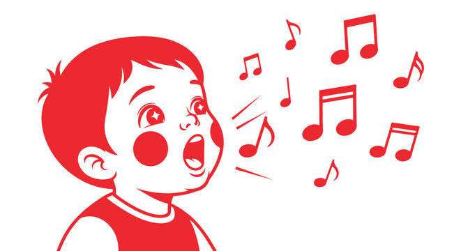 Little boy singing with music notes.