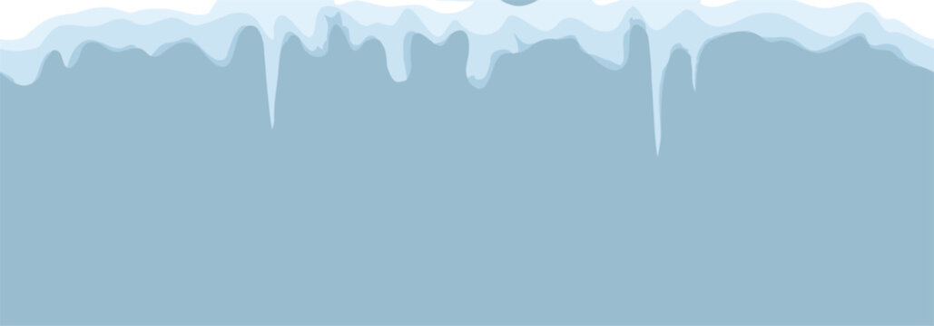 Snow caps and icicles of various shapes on seamless horizontal border, Vector illustration. Frosty snowdrifts, hanging ice curbs and white winter roof, the collection is isolated on blue background