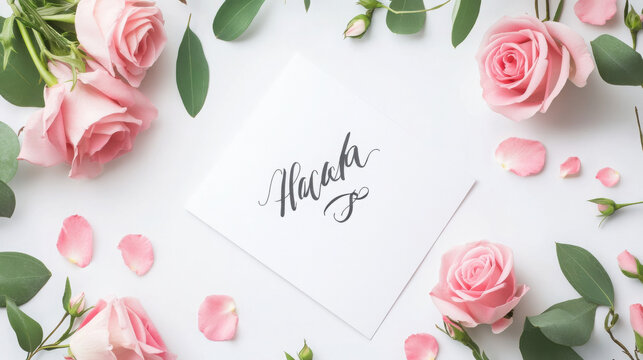 March greeting card with pink roses and green leaves isolated on white background