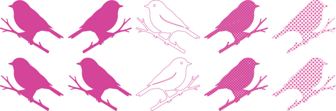 ピンクの鳥のシルエットと線画、枝にとまる小鳥のベクターイラストセット。春の訪れや自然をテーマにしたデザイン素材、ウェブサイトや印刷物、装飾に最適。