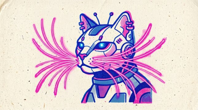 Cyberpunk robot cat illustration with glowing pink whiskers and blue eyes on textured background