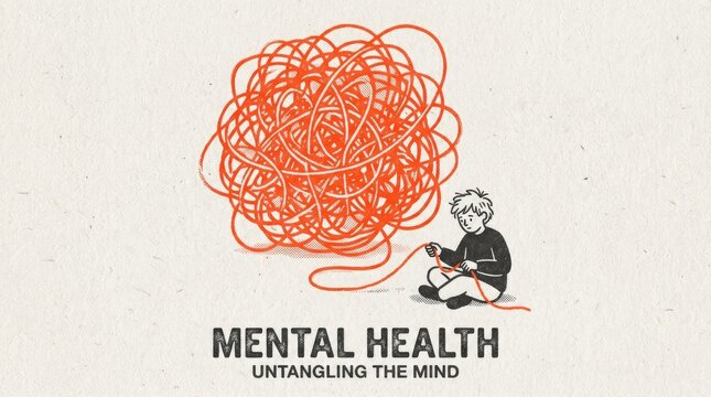 Illustration of a person untangling a messy ball of yarn, symbolizing mental health and untangling the mind from stress and confusion
