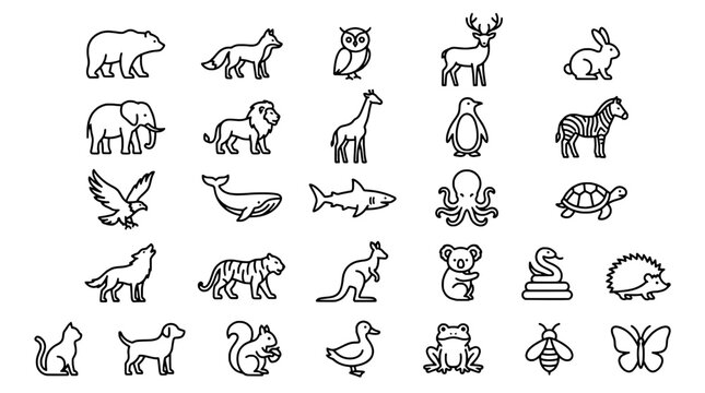 Animals doodle icon set includes bear, cat, dog, fish, bird, rabbit, frog, hedgehog and more line drawings for stickers