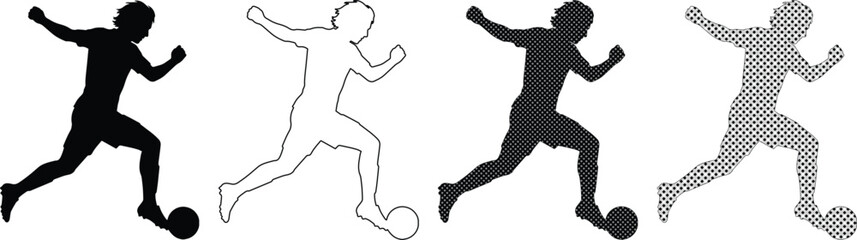サッカー選手シルエットコレクション、ボールを蹴る男性アスリートのベクターイラストセット、スポーツイベントやチームロゴデザインに最適なグラフィック素材 © AnilaStudio
