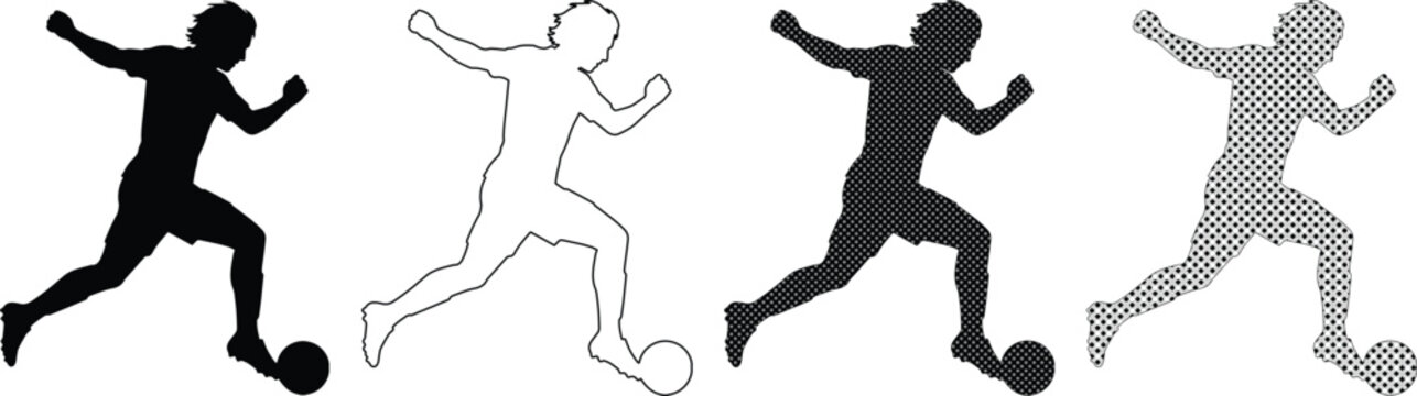 サッカー選手シルエットコレクション、ボールを蹴る男性アスリートのベクターイラストセット、スポーツイベントやチームロゴデザインに最適なグラフィック素材
