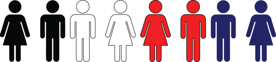性別と多様性を表現するカラフルなピクトグラムセット、黒、白、赤、青の男女アイコン、トイレや公共施設の案内表示に最適なベクターイラスト