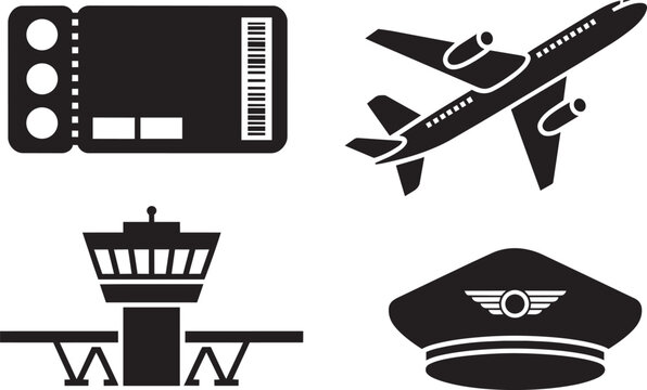 Airplane, ticket, control tower, and pilot hat icons set in solid black style and travel flight and boarding pass and air traffic in outline style
