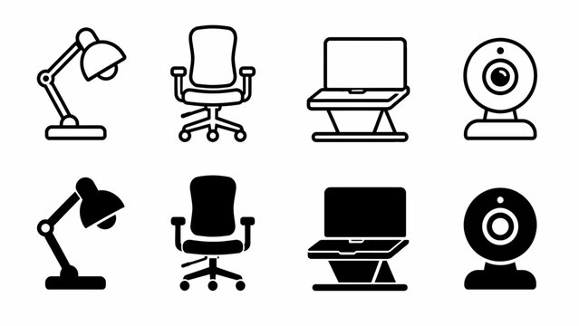 Black and white icons of desk lamps, office chairs, laptops, and webcams