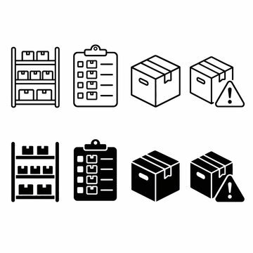 Warehouse inventory icons: shelves, checklist, boxes, alert symbols