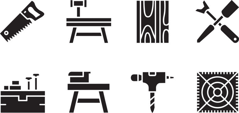 Carpentry and construction tools including saw, drill, vice, nails, wood and hammer icons set and hand tool, power and home improvement and black