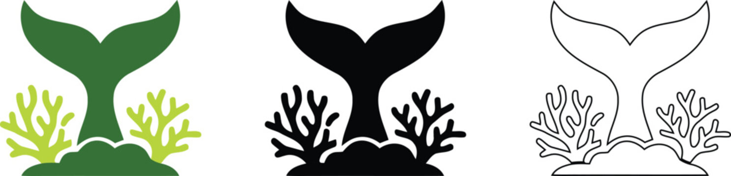 Whale tail and coral reef icon set. Featuring green black and outline versions. Marine life symbols for ocean conservation.
