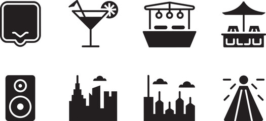 Obraz premium Diverse icons set sound speaker, cocktail, buildings, outdoor seating, and spotlight and building in outline style