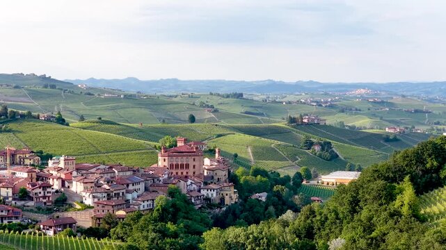 Panoramic View of Barolo Village and Vineyards in Piedmont Italy