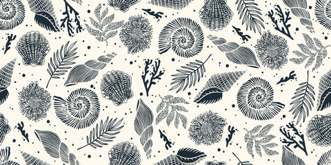 Seamless pattern with corals, seashell, plants. Natural abstract print. Vector graphics. © Любовь Овсянникова