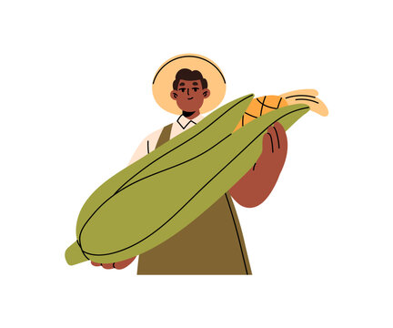 Black farmer holds big ear of corn. Local farm seller with huge cob of maize in hands. Vendor sells healthy, natural and organic food at agriculture market. Flat isolated vector illustration on white