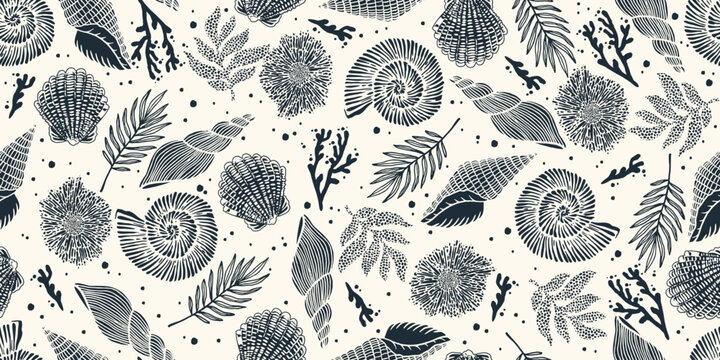 Seamless pattern with corals, seashell, plants. Natural abstract print. Vector graphics.