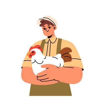 Happy farmer holds cute chicken. Funny hen sits on hands of farm worker. Domestic bird, animal of ranch. Husbandry and breeding of poultry. Flat isolated vector illustration on white background