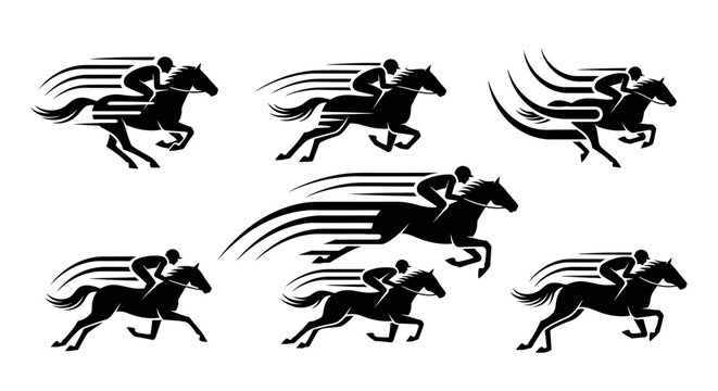 Black silhouettes of horses racing fast.