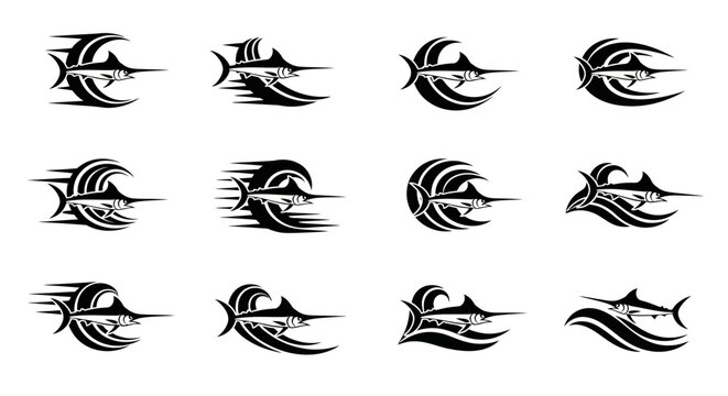 Collection of abstract fish designs.