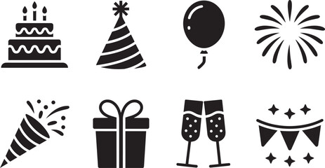 Fototapeta premium Party hat and cake, celebration, and balloon icons set and collection eight related in outline style